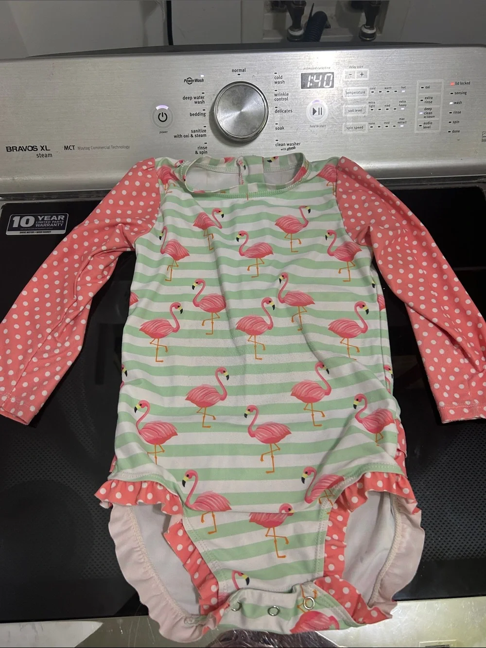 Girls 4t one piece swimsuit long sleeve rash guard flamingo ruffle butt